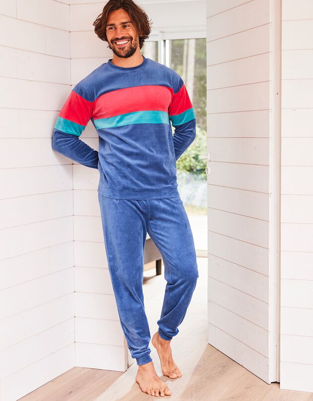 Pyjama tricolore velours manches longues (marine)
