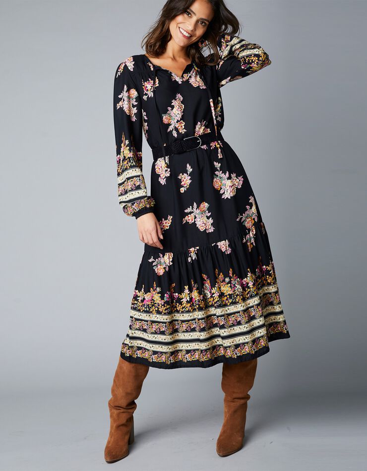 Robe longue volantée imprimé fleuri (noir / bordeaux) Robe longue volantée imprimé fleuri (noir / bordeaux)