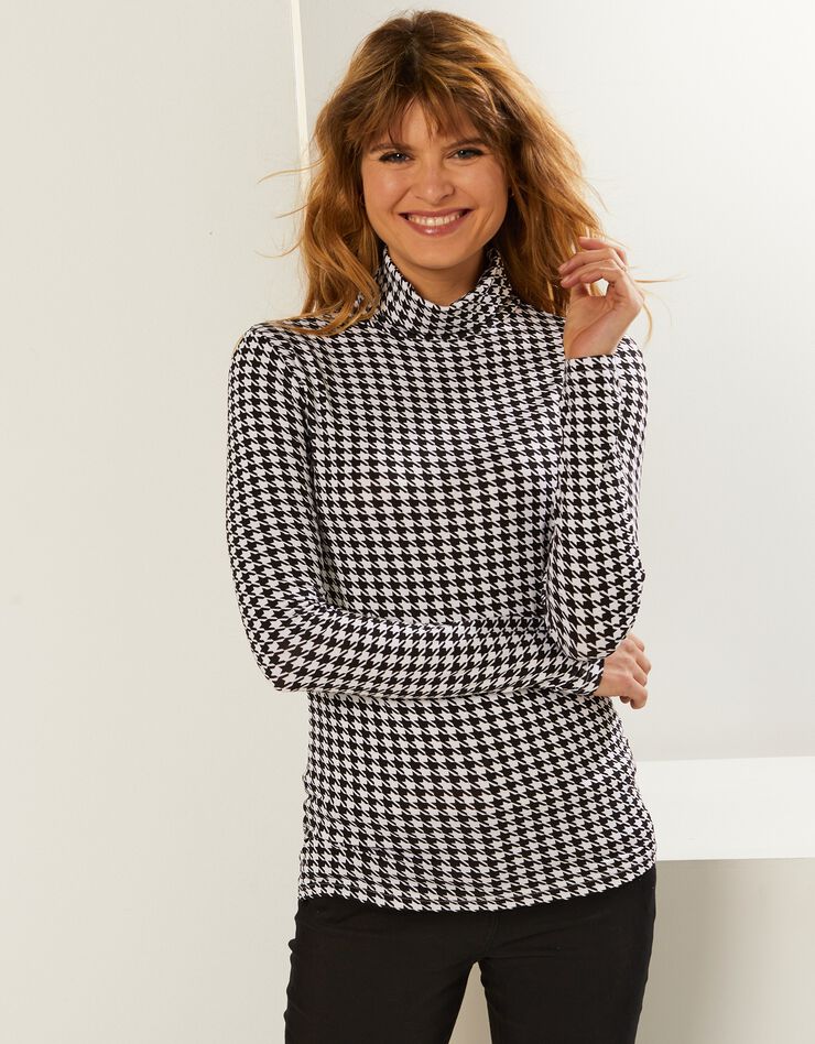 Sous-pull col montant imprimé pied-de-poule, stretch (noir / blanc)