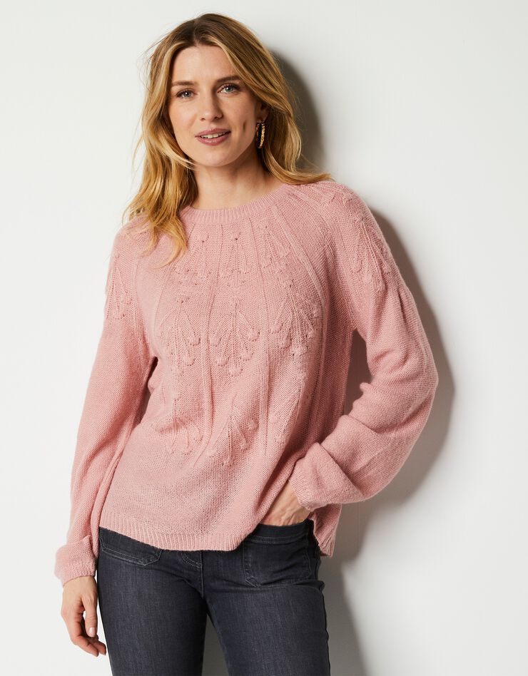 Pull manches longues torsades et pompons (rose poudré) Pull manches longues torsades et pompons (rose poudré)