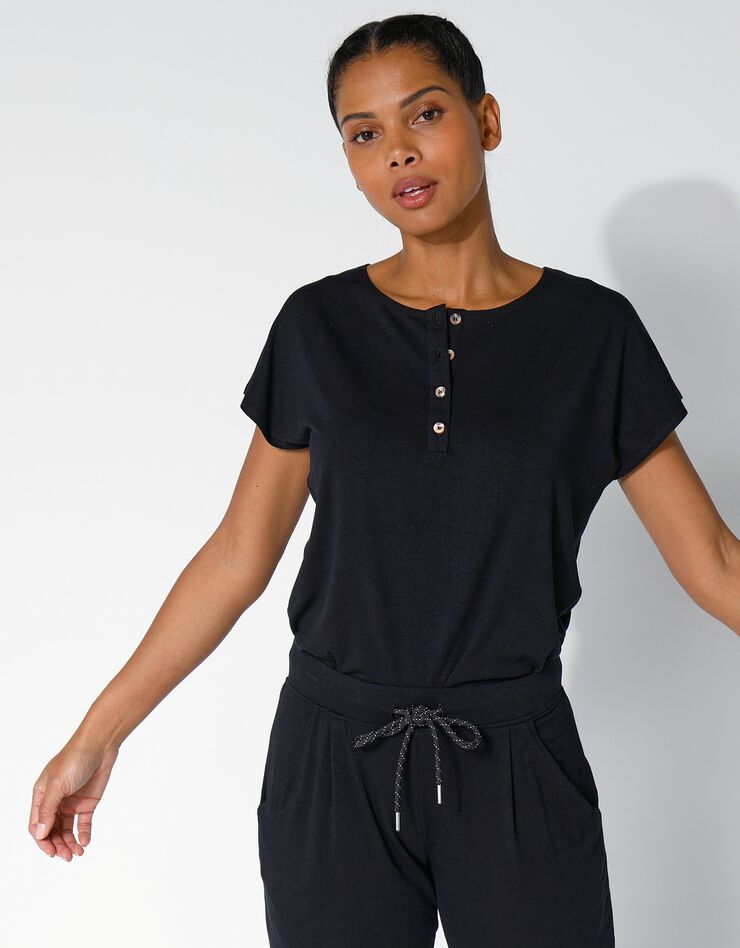 Tee-shirt col tunisien uni, maille fluide (noir) Tee-shirt col tunisien uni, maille fluide (noir)
