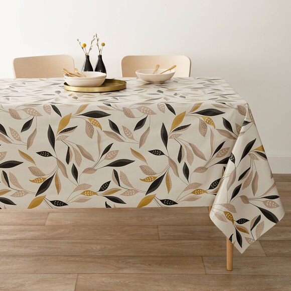 Nappe toile cir&eacute;e imprim&eacute; v&eacute;g&eacute;tal (beige / noir)