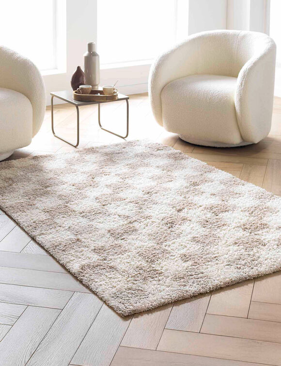 Tapis rectangulaire, motif damiers (taupe / blanc)