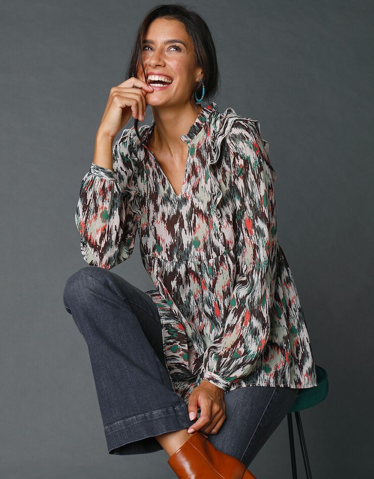 Blouse imprimée à volants (kaki / écru) Blouse imprimée à volants (kaki / écru)