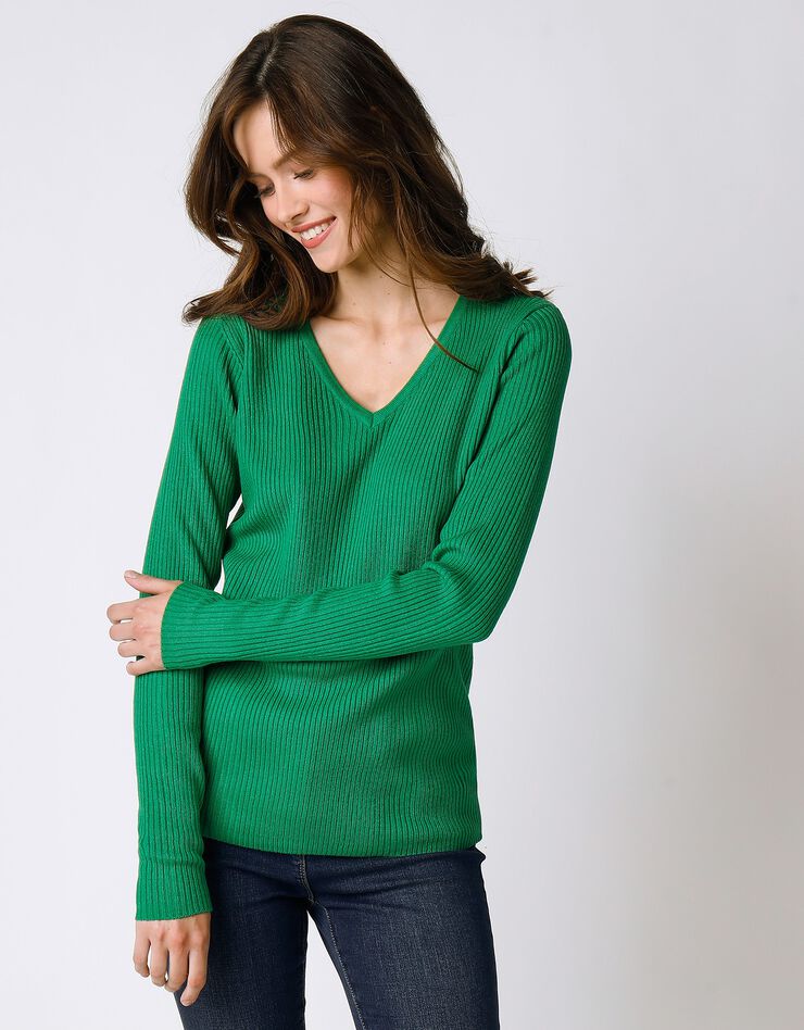 Pull maille côtelée col V uni (vert) Pull maille côtelée col V uni (vert)