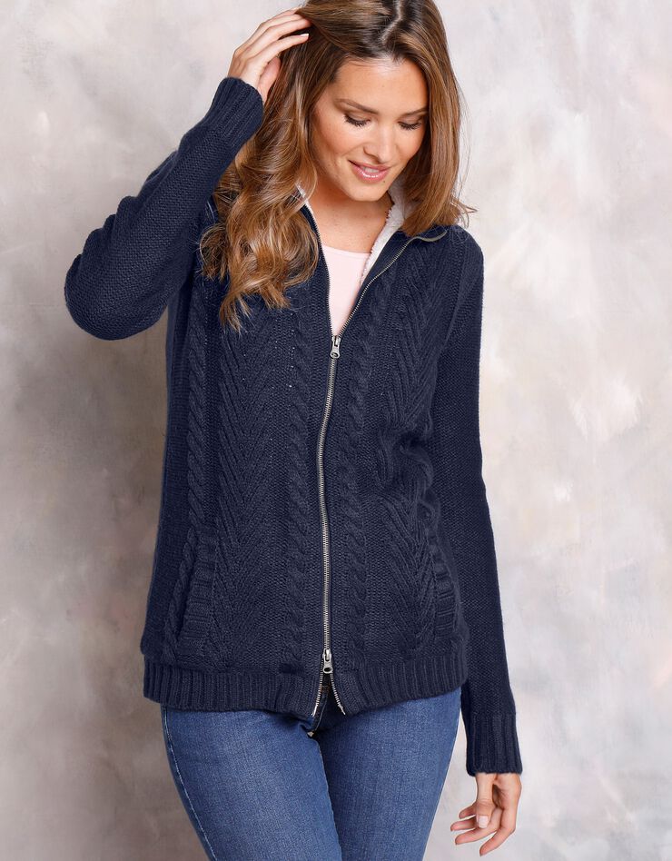 Gilet zippé torsadé doublé maille peluche (marine) Gilet zippé torsadé doublé maille peluche (marine)