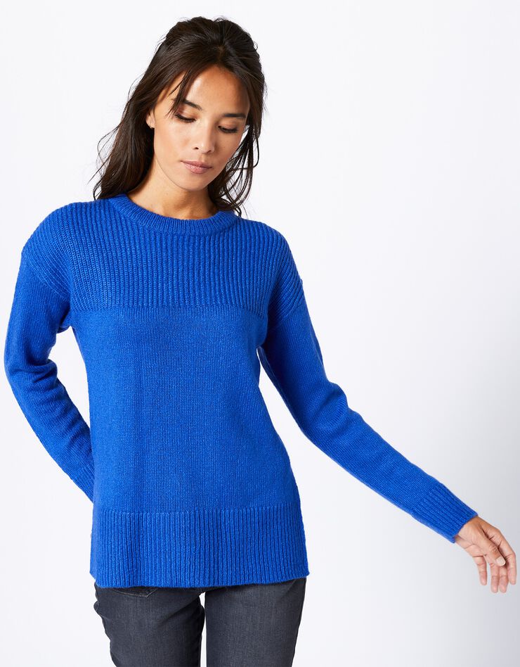 Pull col rond maille anglaise et jersey (bleu dur)
