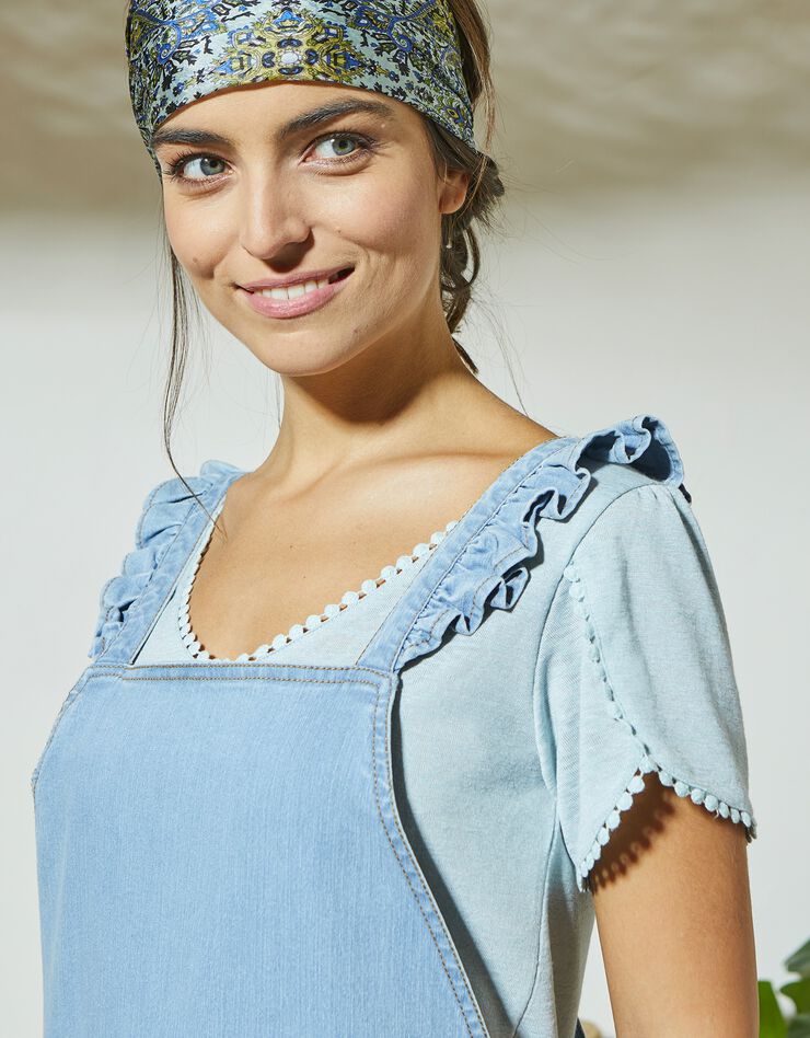 Robe salopette bretelles volantées en jean (bleached)