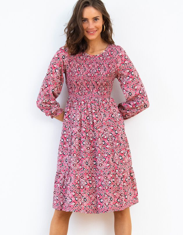 Robe smockée manches longues imprimé fleuri (bois de rose / marine)