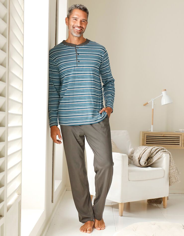 Pyjama pantalon rayé col tunisien (anthracite / bleu canard)