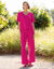 Blouse fluide col V manches courtes, unie (fuchsia)