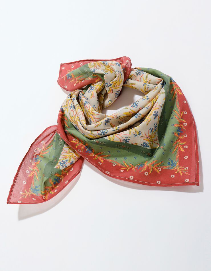 Foulard fabriqué en France imprimé fleurs, 100 x 100 cm  - coton (écru / vert amande)