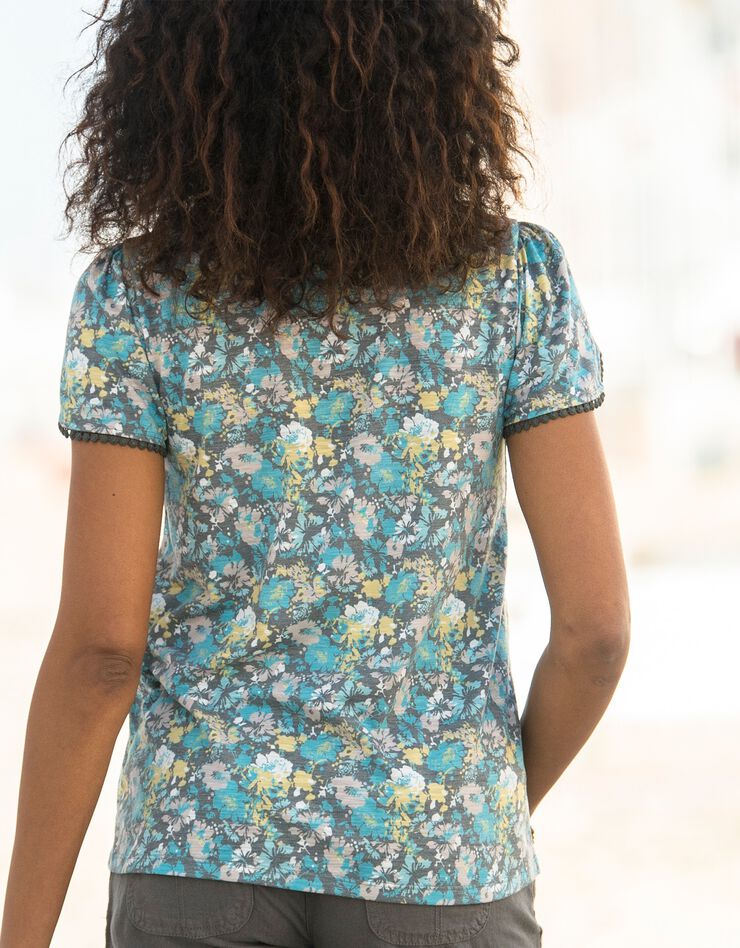 Tee-shirt imprimé coupe loose effet lin (kaki / turquoise) Tee-shirt imprimé coupe loose effet lin (kaki / turquoise)