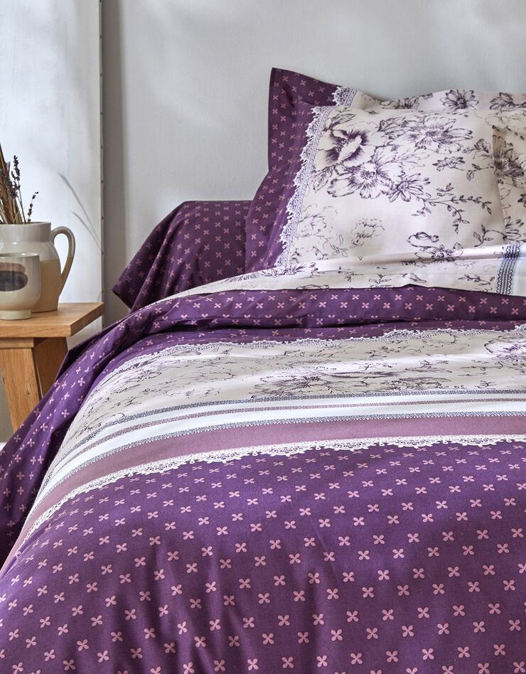 Linge de lit Gabrielle en flanelle imprimé fleurs et dentelle (prune)