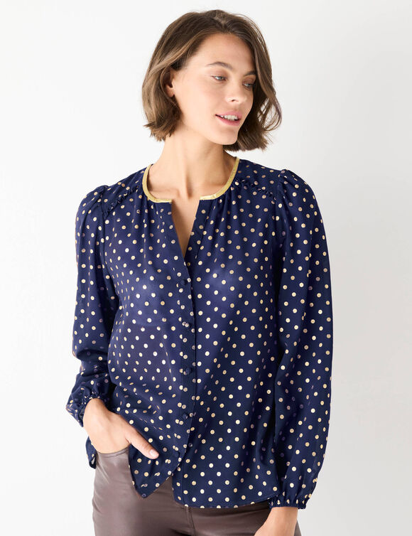 Chemisier imprim&eacute; pois dor&eacute;, voile (bleu nuit)
