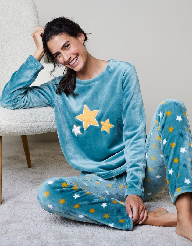 Pyjama pantalon polaire "étoiles", toucher peluche (bleu grisé)