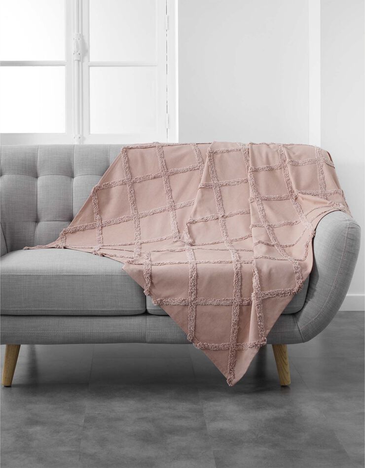 Plaid ou jeté de canapé coton tufté imprimé (rose)