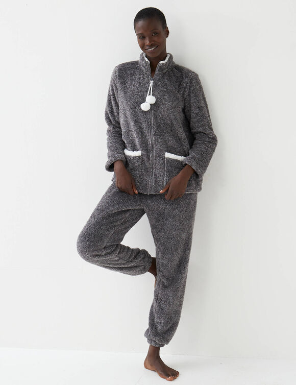 Pyjama pantalon polaire, avec veste zipp&eacute;e &agrave; pompons (gris / &eacute;cru)