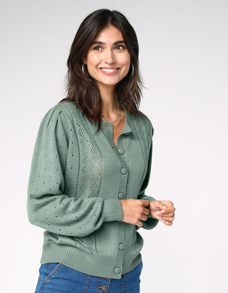 Cardigan boutonné maille ajourée (vert grisé)