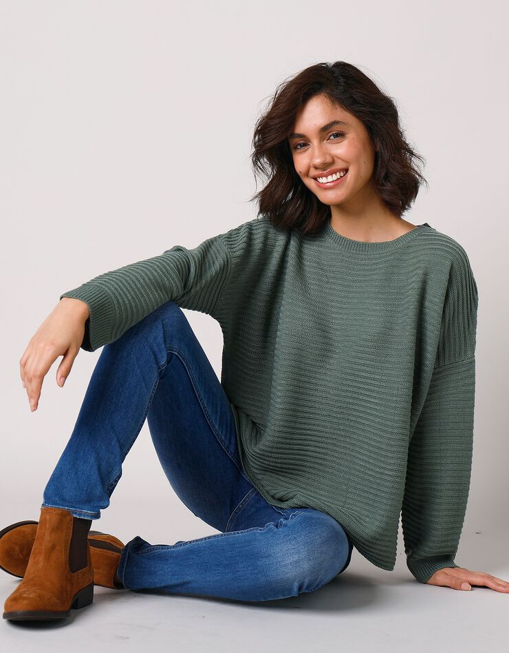 Pull loose maille fantaisie effet rayures (kaki) Pull loose maille fantaisie effet rayures (kaki)