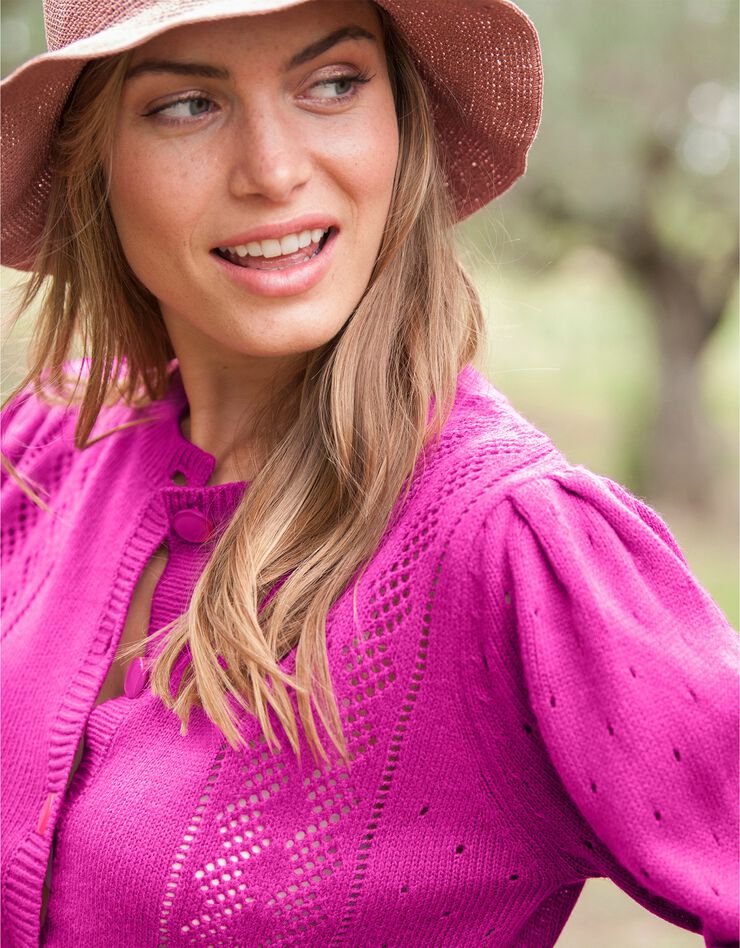 Cardigan boutonné, maille ajourée toucher cachemire (fuchsia) Cardigan boutonné, maille ajourée toucher cachemire (fuchsia)