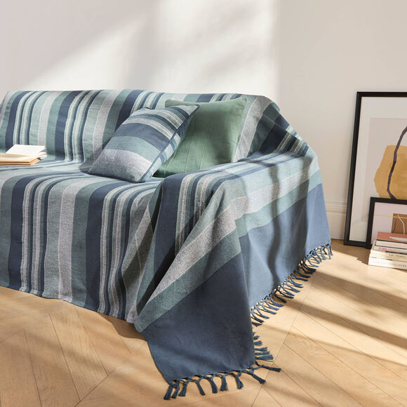 Plaid jet&eacute; multicolore coton tissage artisanal (bleu marine)