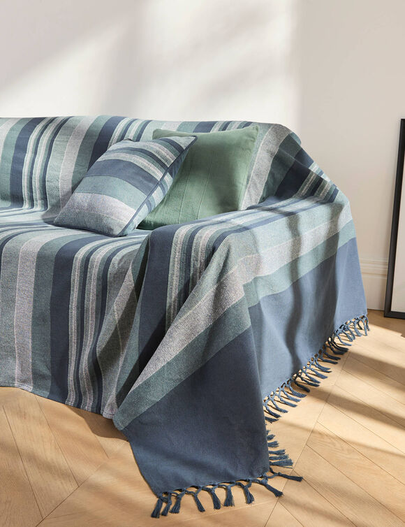 Plaid jet&eacute; multicolore coton tissage artisanal (bleu marine)