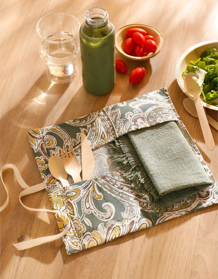 Pochette range-couverts en tissu - collection upcycling (blanc/vert/jaune) Pochette range-couverts en tissu - collection upcycling (blanc/vert/jaune)