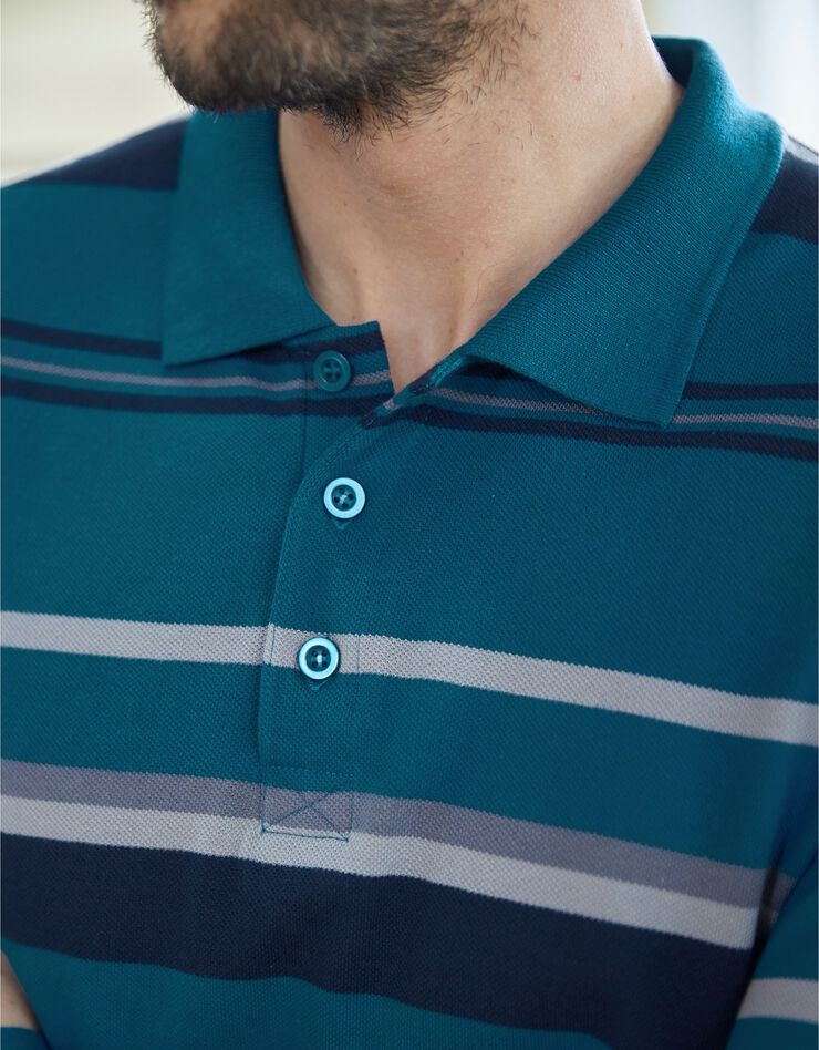 Polo maille piquée rayée, manches longues (bleu canard) Polo maille piquée rayée, manches longues (bleu canard)
