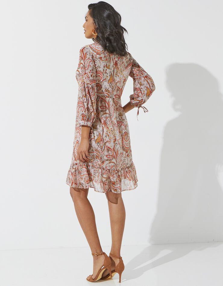 Robe fluide volantée imprimé cachemire (écru / corail) Robe fluide volantée imprimé cachemire (écru / corail)