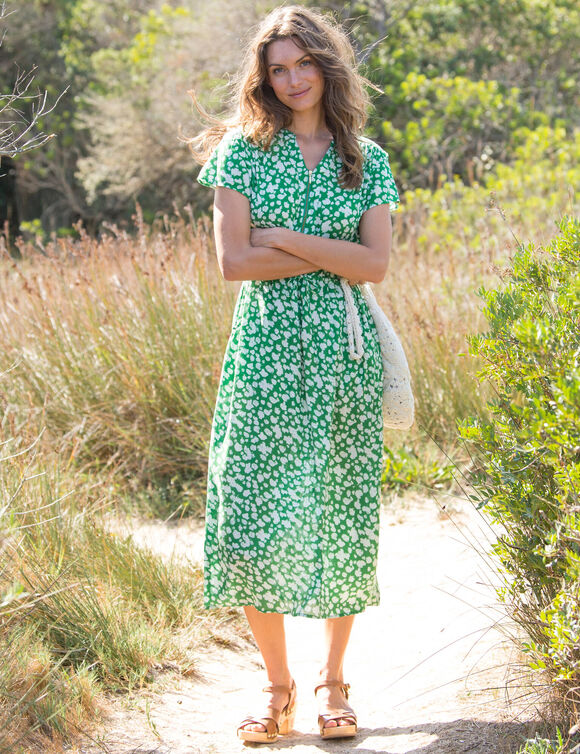 Robe longue col zippé, crépon imprimé (vert / écru)