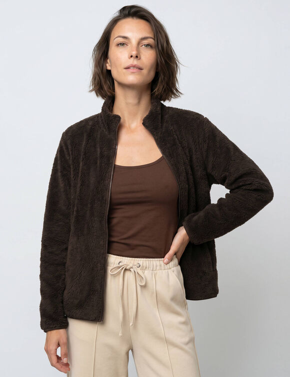 Veste zipp&eacute;e col montant, manches longues, maille polaire (chocolat)