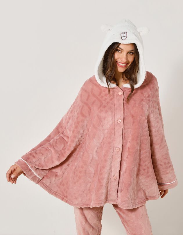 Poncho lama maille polaire texturée, toucher peluche (bois de rose)