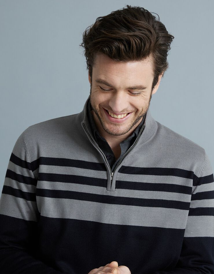Pull rayé col montant zippé toucher cachemire (noir / gris chiné) Pull rayé col montant zippé toucher cachemire (noir / gris chiné)