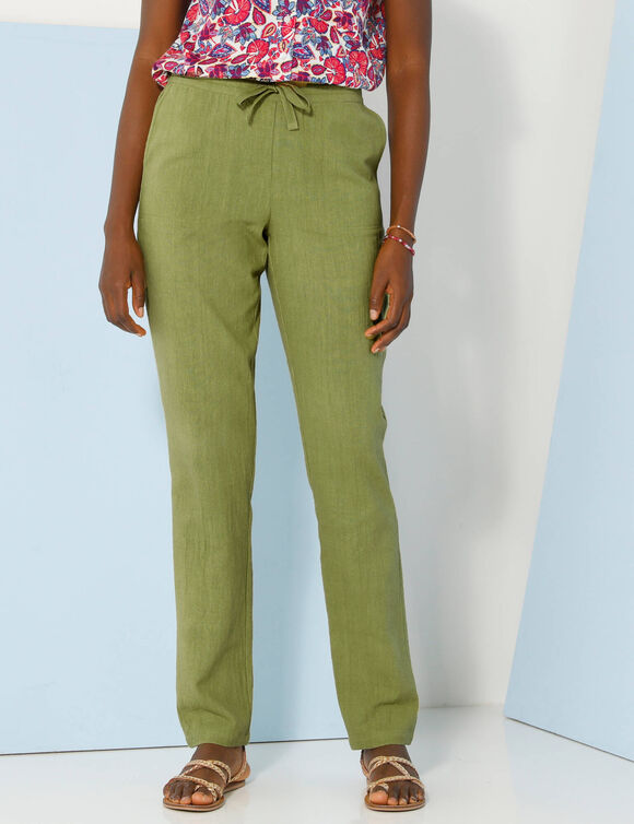 Pantalon fuselé fluide, lin-coton (vert mousse)