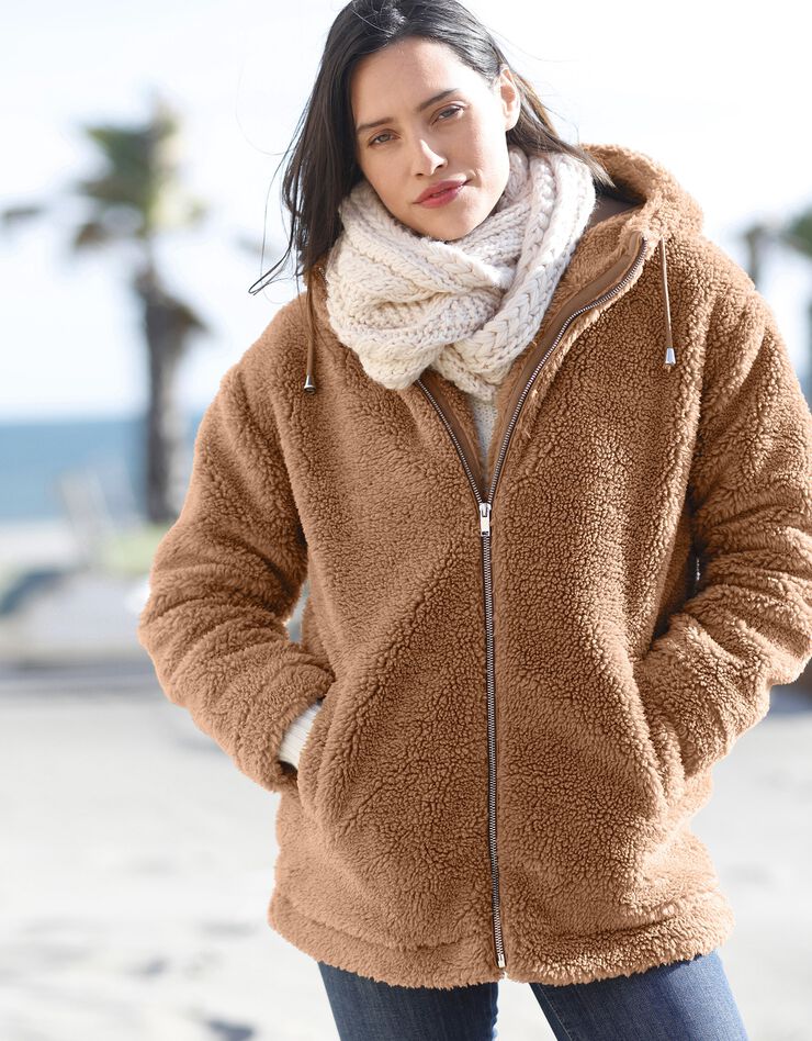 Manteau bouclette à capuche zippé (caramel) Manteau bouclette à capuche zippé (caramel)
