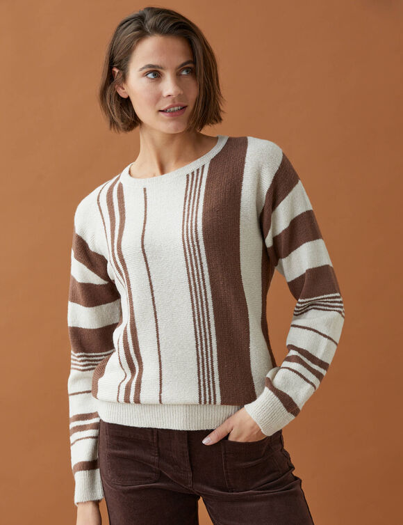 Pull blousant &agrave; rayures verticales, volume loose (beige / chocolat)