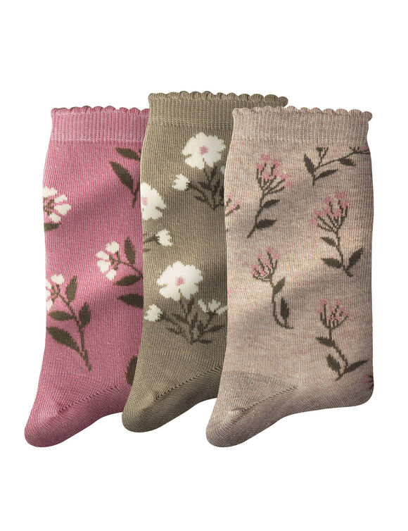 Chaussettes imprim&eacute;es fleurs - lot de 3 paires (kaki + rose + beige)