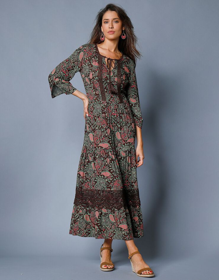 Robe longue imprimée manches 3/4 fendues (chocolat / vert)