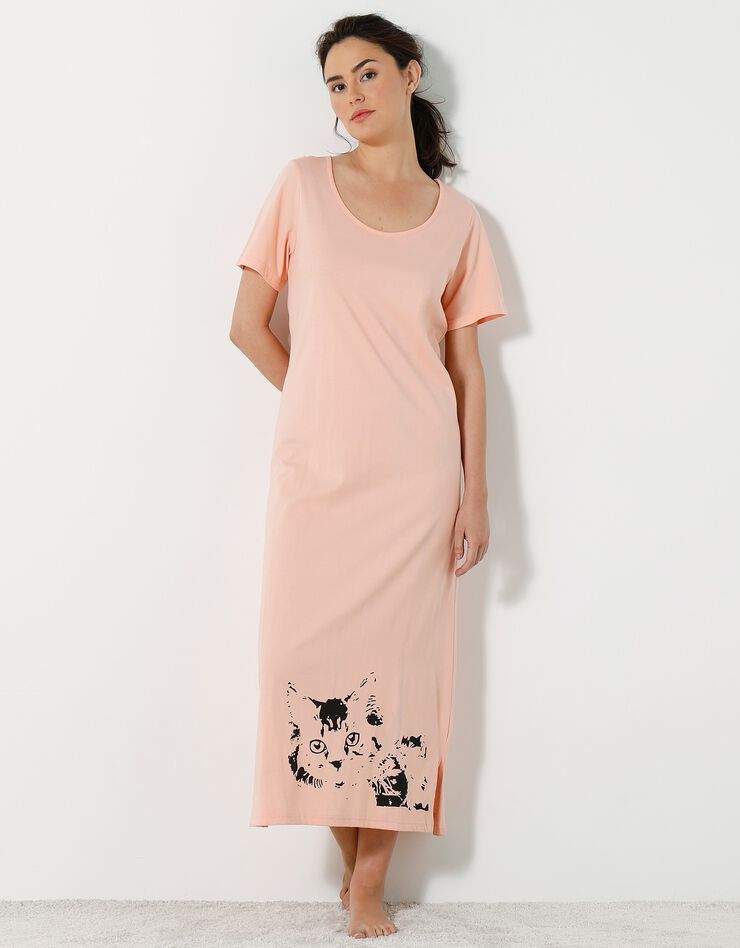 Chemise de nuit longue imprimé chat - lot de 2 (pêche / gris)