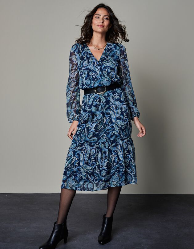 Robe mi-longue en voile imprimé cachemire (indigo / vert)