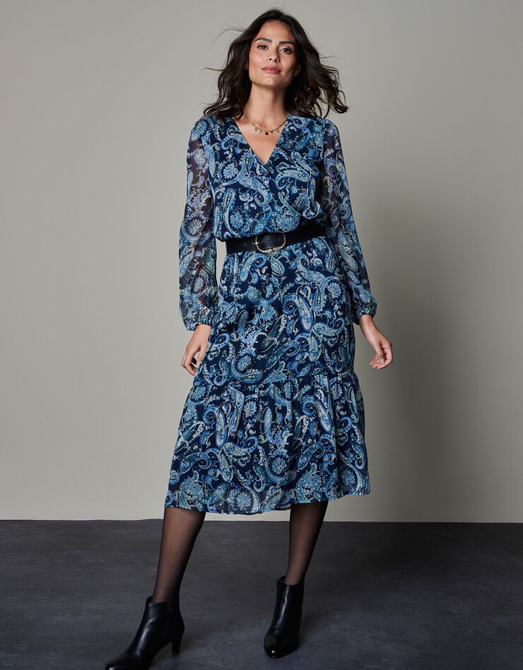 Robe mi-longue en voile imprimé cachemire (indigo / vert)
