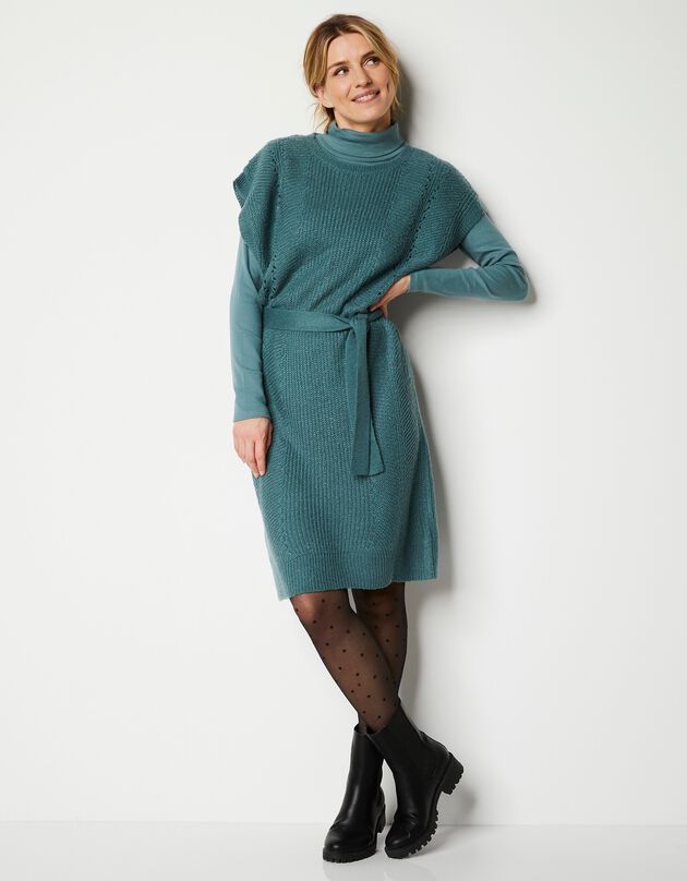 Robe manches courtes ceinturée - toucher mohair (vert grisé)