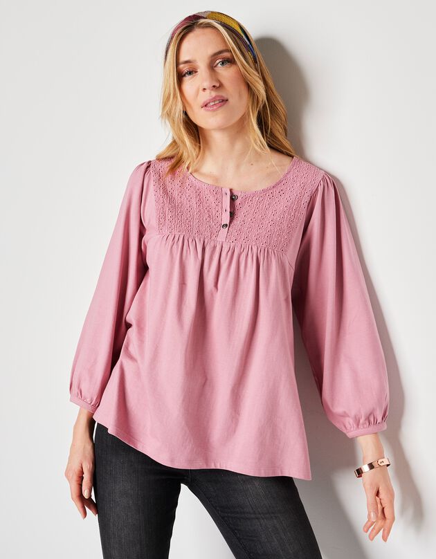 T-shirt manches 3/4, empiècement broderie anglaise (rose grisé)