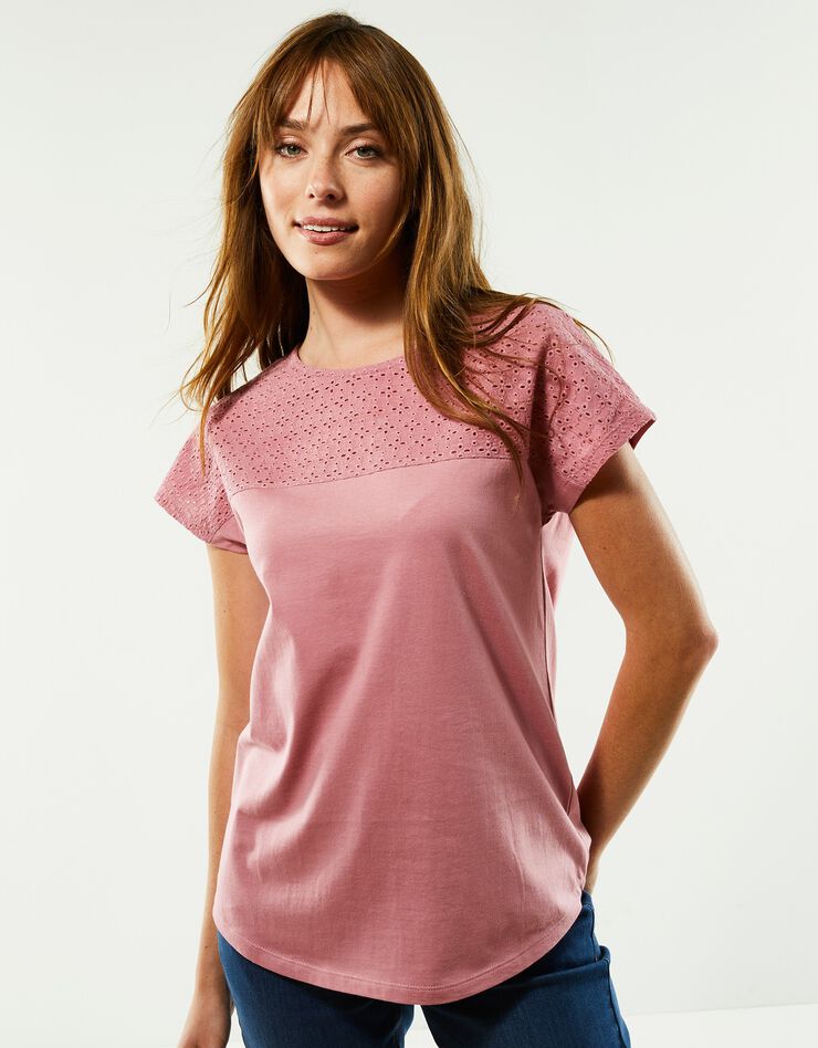 Tee-shirt broderie anglaise manches courtes (rose grisé)