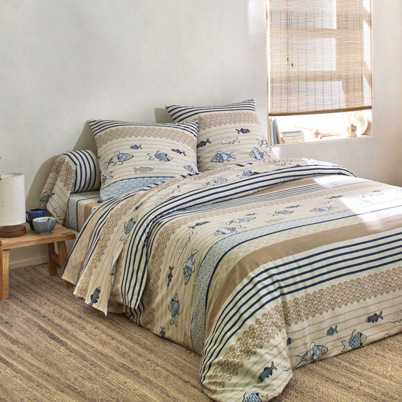 Linge de lit Riviera en coton imprimé poissons (bleu)
