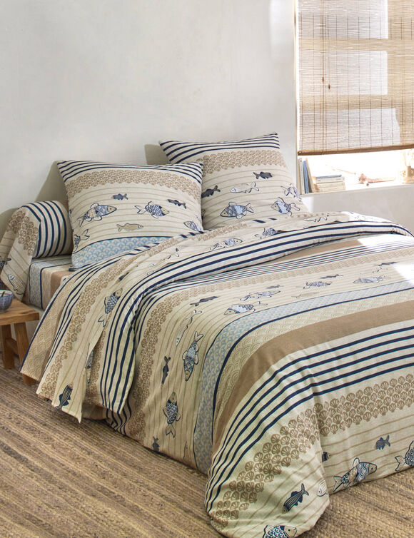 Linge de lit Riviera en coton imprimé poissons (bleu)