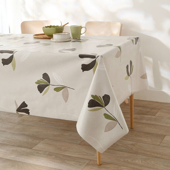 Nappe toile cir&eacute;e imprim&eacute; fleurs (beige / vert)