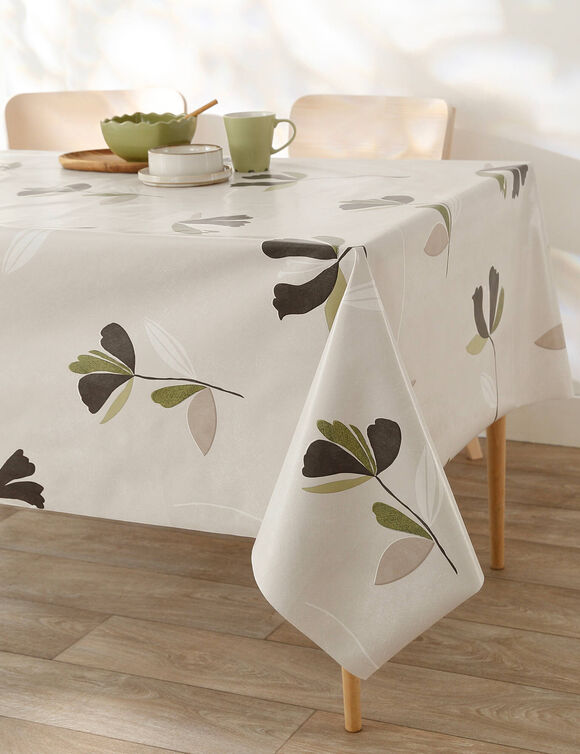Nappe toile cir&eacute;e imprim&eacute; fleurs (beige / vert)