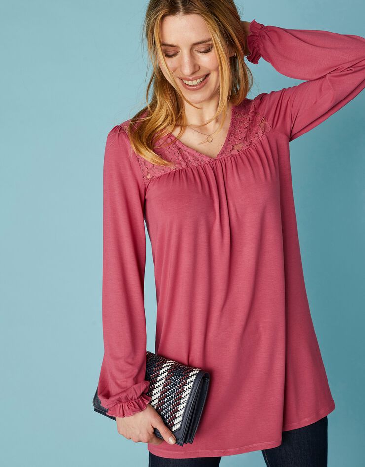 Tunique col V dentelle jersey (bois de rose) Tunique col V dentelle jersey (bois de rose)